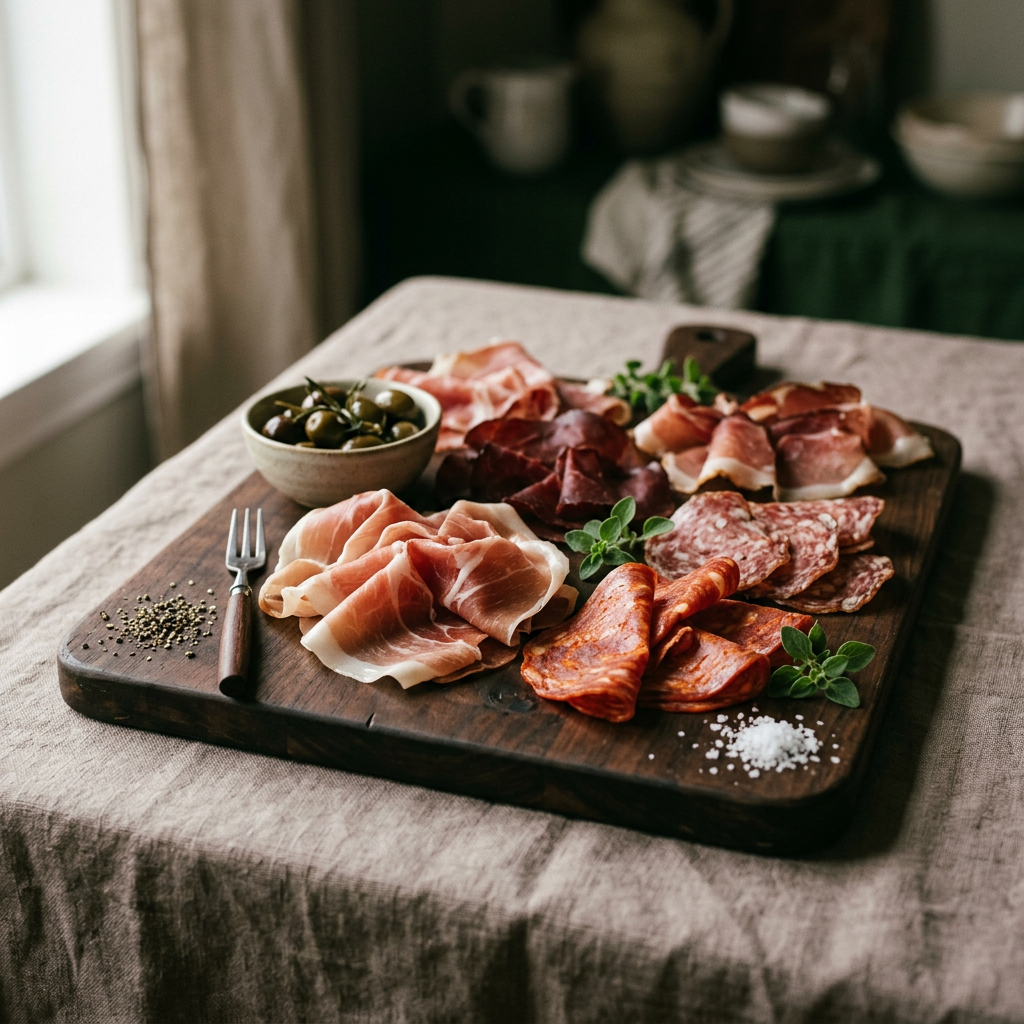 Sliced charcuterie on a wooden board