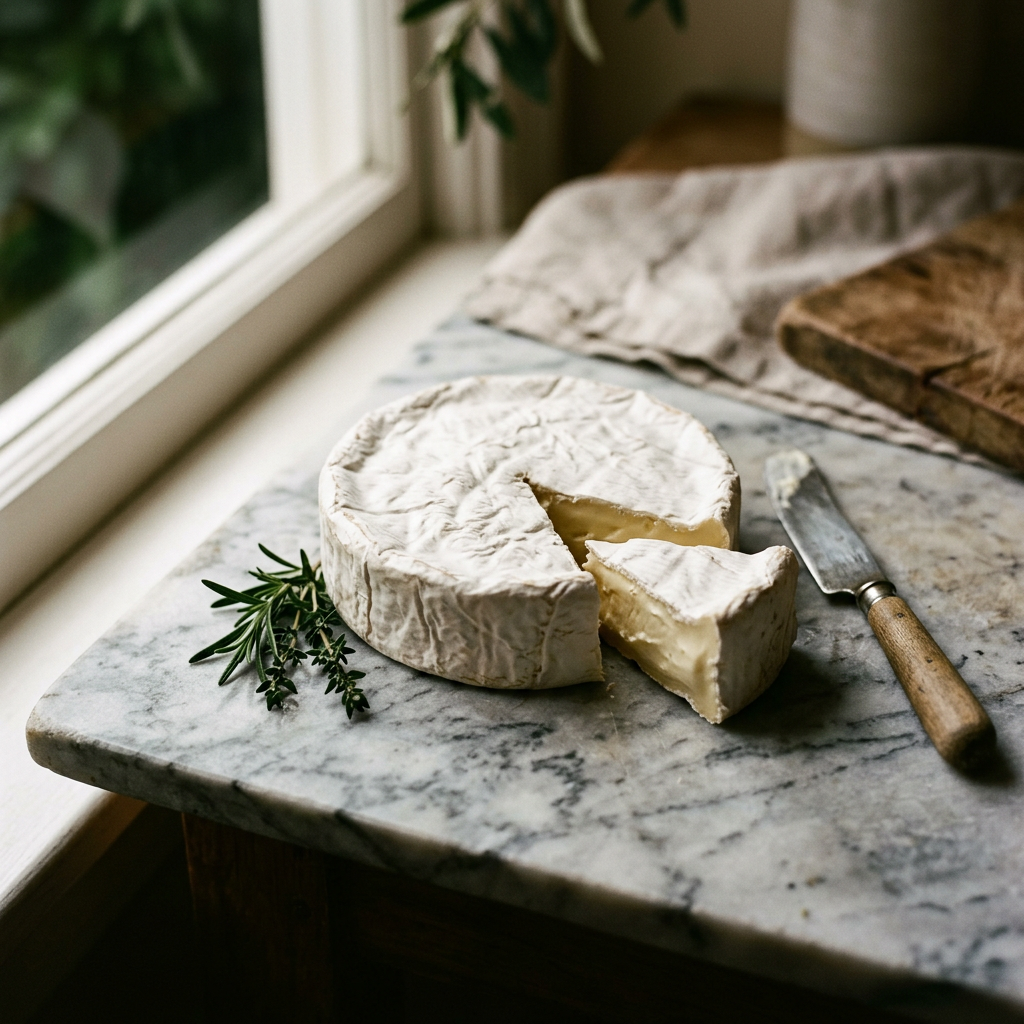 Un fromage à pâte molle sur du marbre
