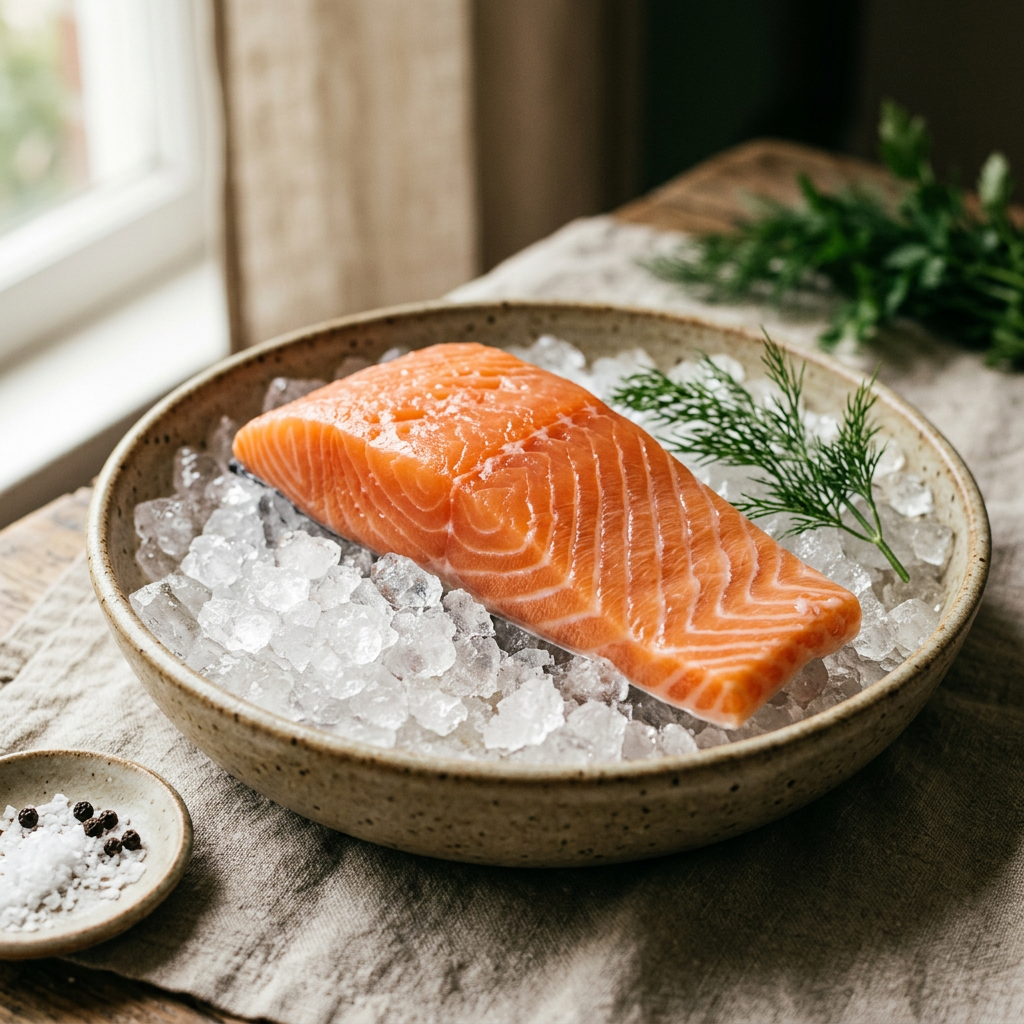 Un filet de saumon cru sur de la glace pilée